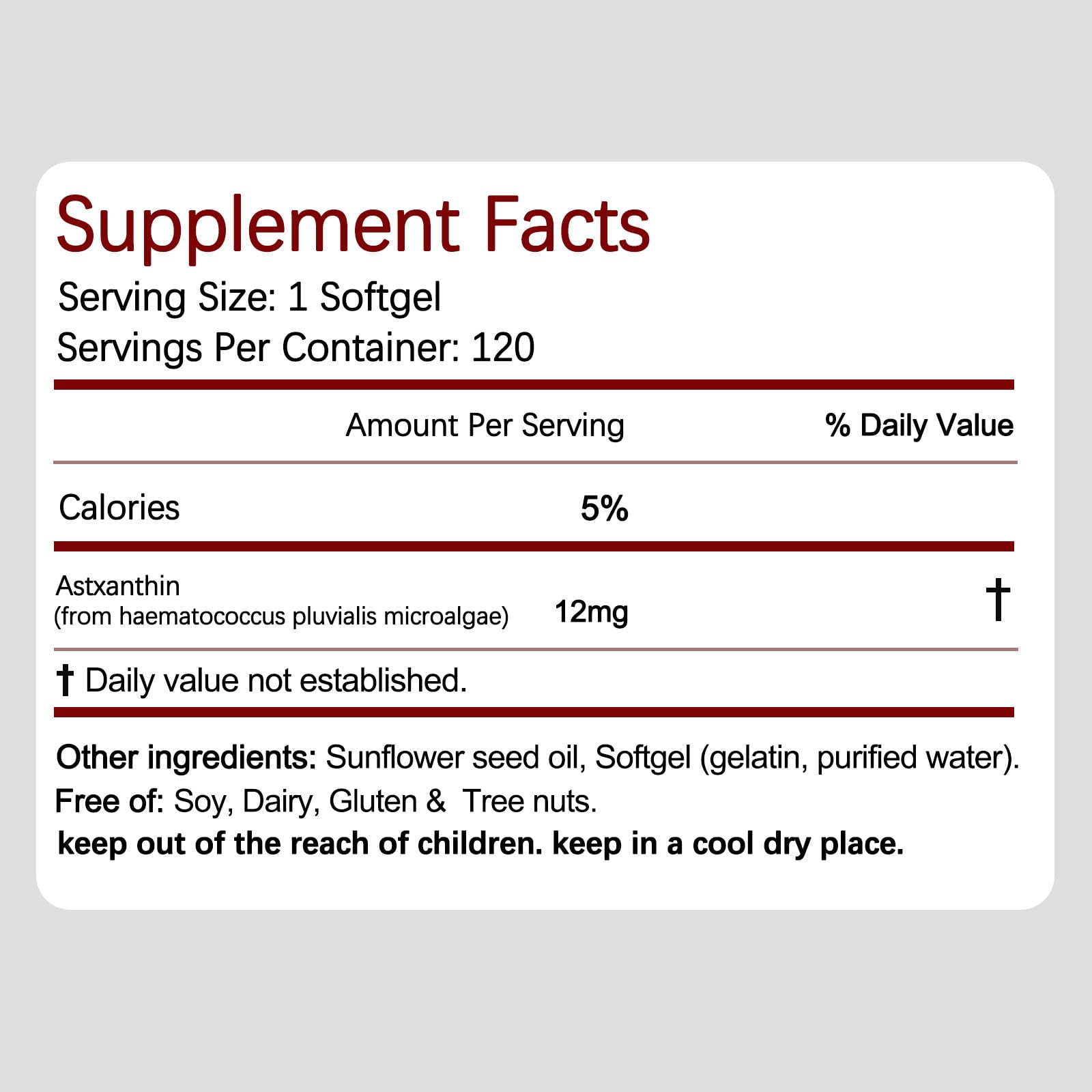 Nutrition label on Belano's Astaxanthin bottle close-up.