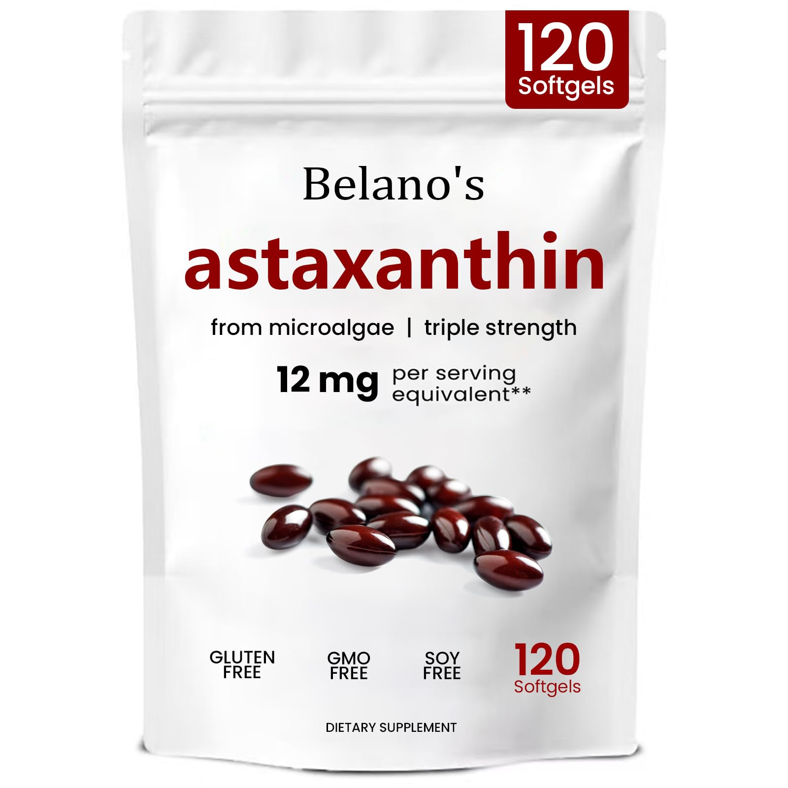 Belano's Astaxanthin softgels bottle for daily antioxidant support.