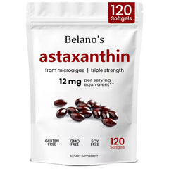 Belano's Astaxanthin softgels bottle for daily antioxidant support.