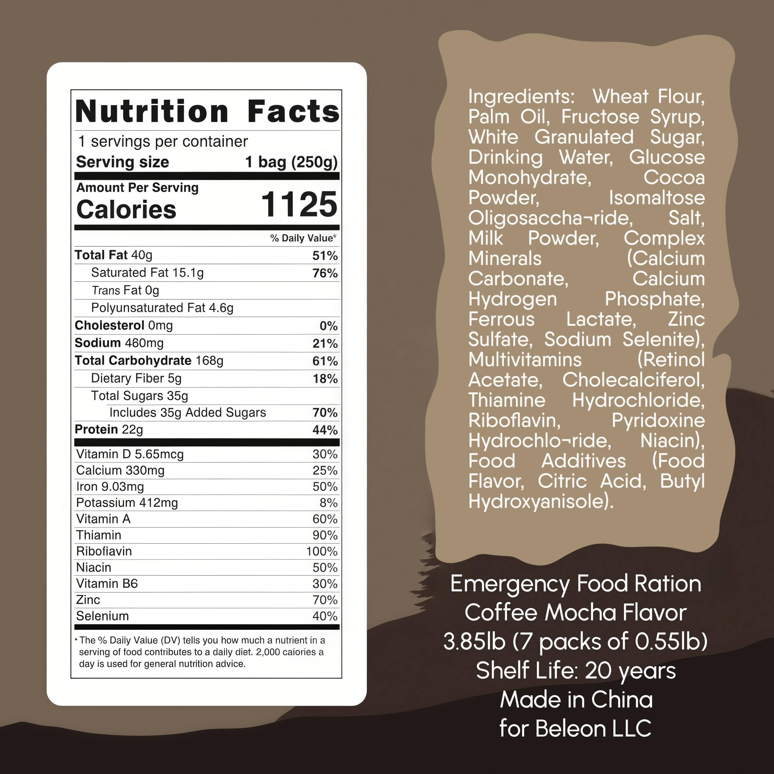 Beleon Coffee Mocha Survival Ration pack interior view shows seven energy blocks.