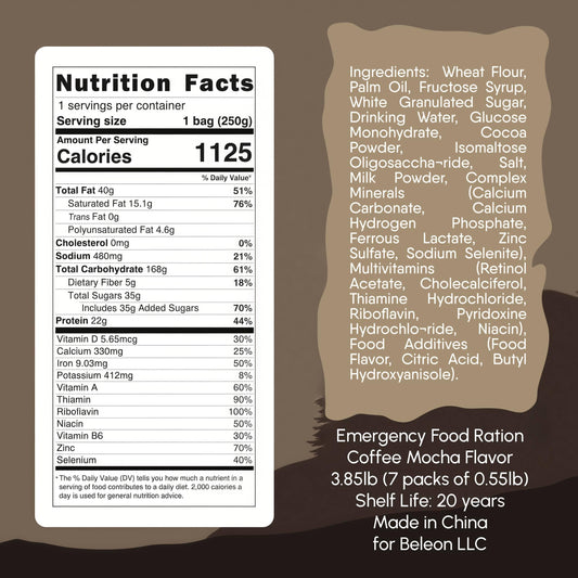 Beleon Coffee Mocha Survival Ration pack interior view shows seven energy blocks.