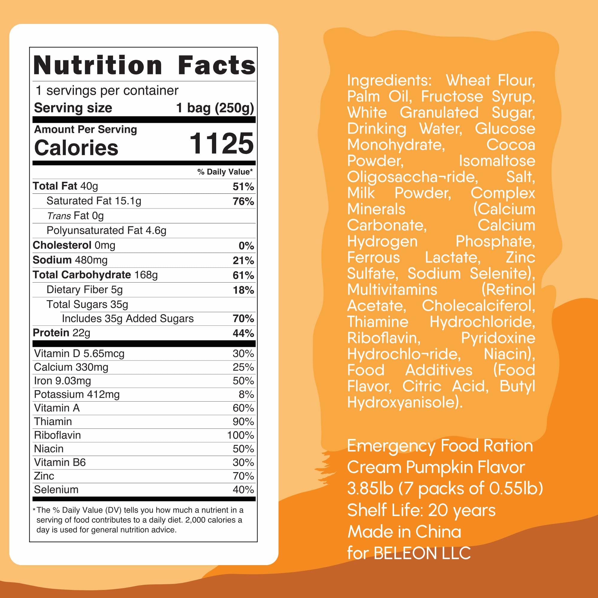 Beleon Cream Pumpkin Survival Ration blocks, energy-dense units for outdoor adventures.
