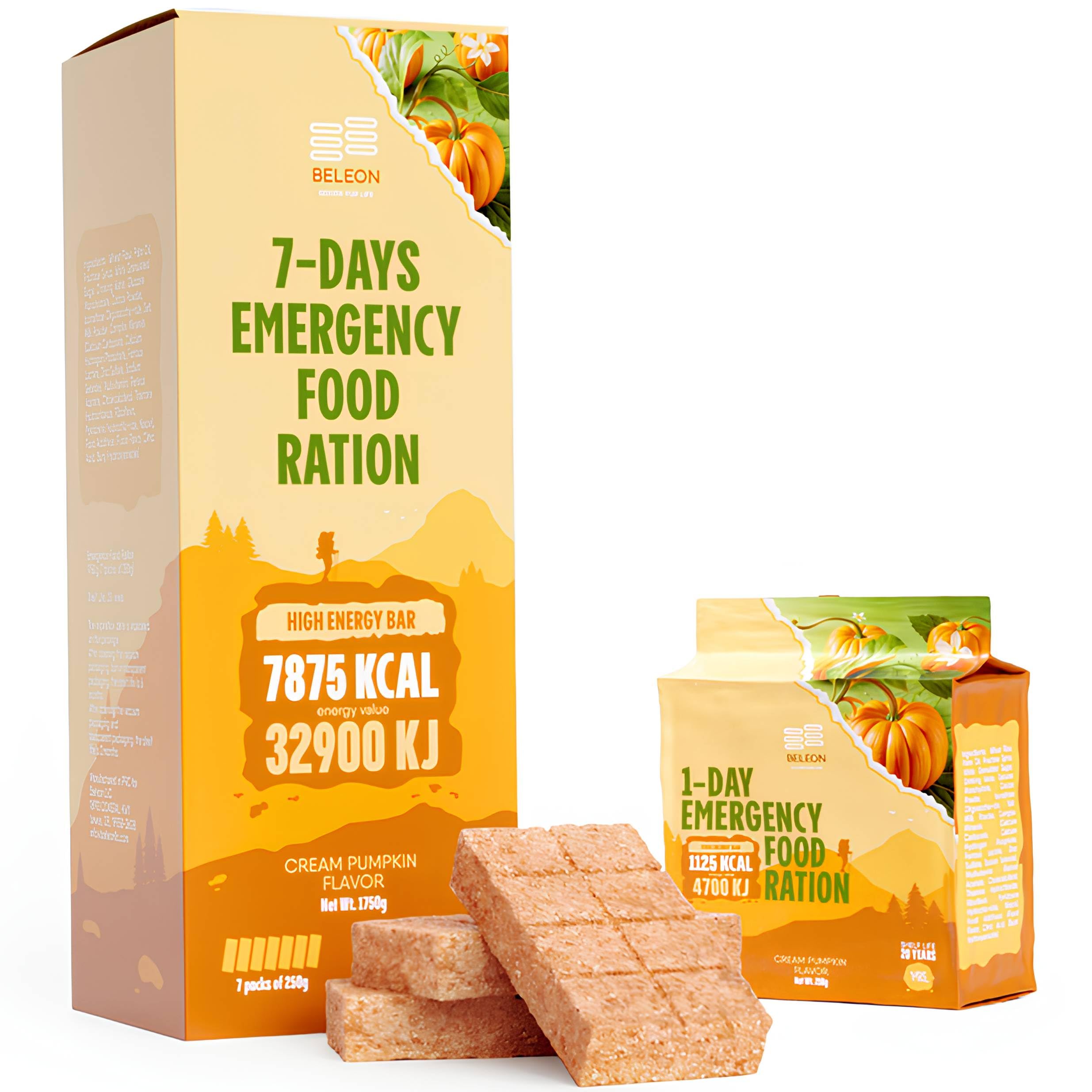Beleon Cream Pumpkin Survival Ration pack, ideal for long-term emergency storage.