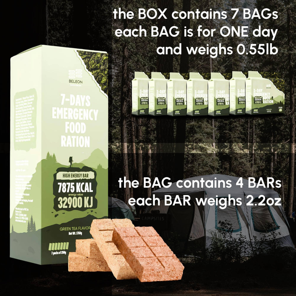 Beleon seven-block energy pack highlighting total calories for emergencies.