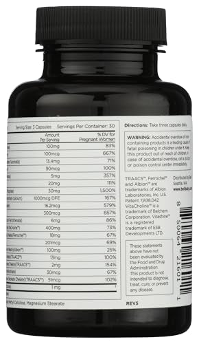 Beli prenatal bottle and label emphasize 400 mg choline and folate for egg quality.