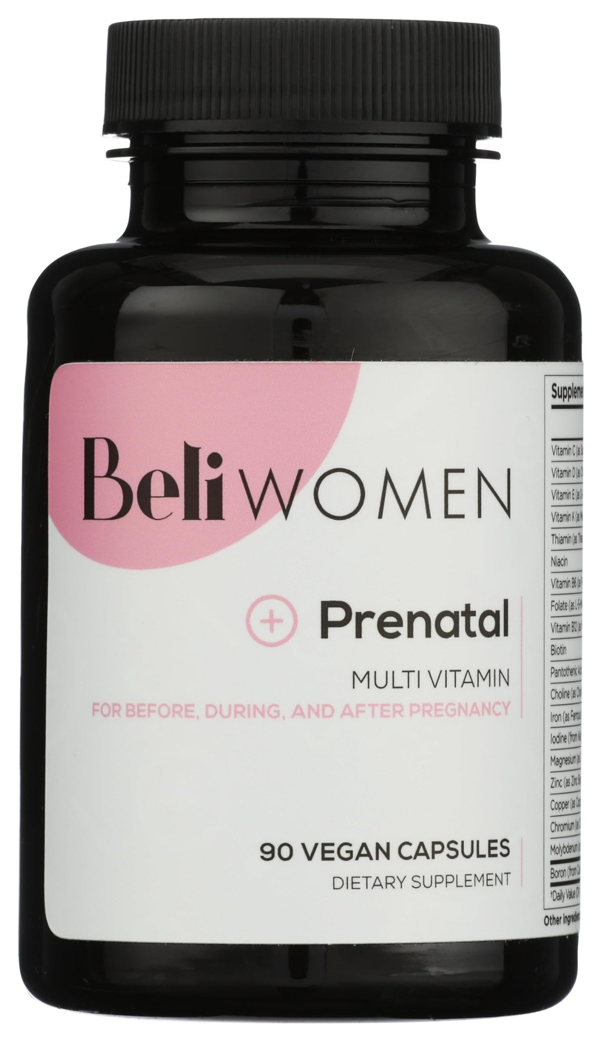 Beli Women Prenatal Multivitamin packaging highlights gluten-free, all-stages support.