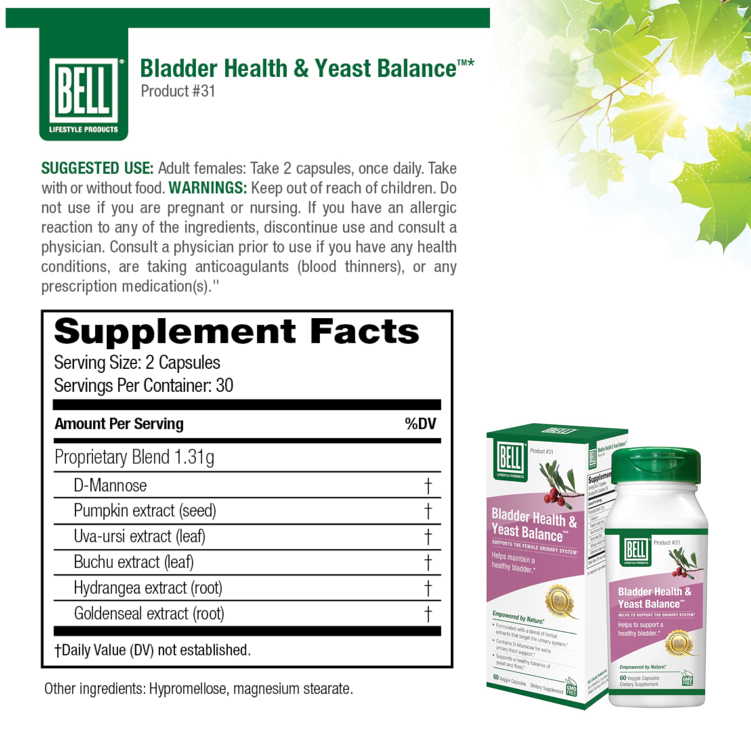 Bell Bladder Health & Yeast Balance capsules offer convenient daily support.