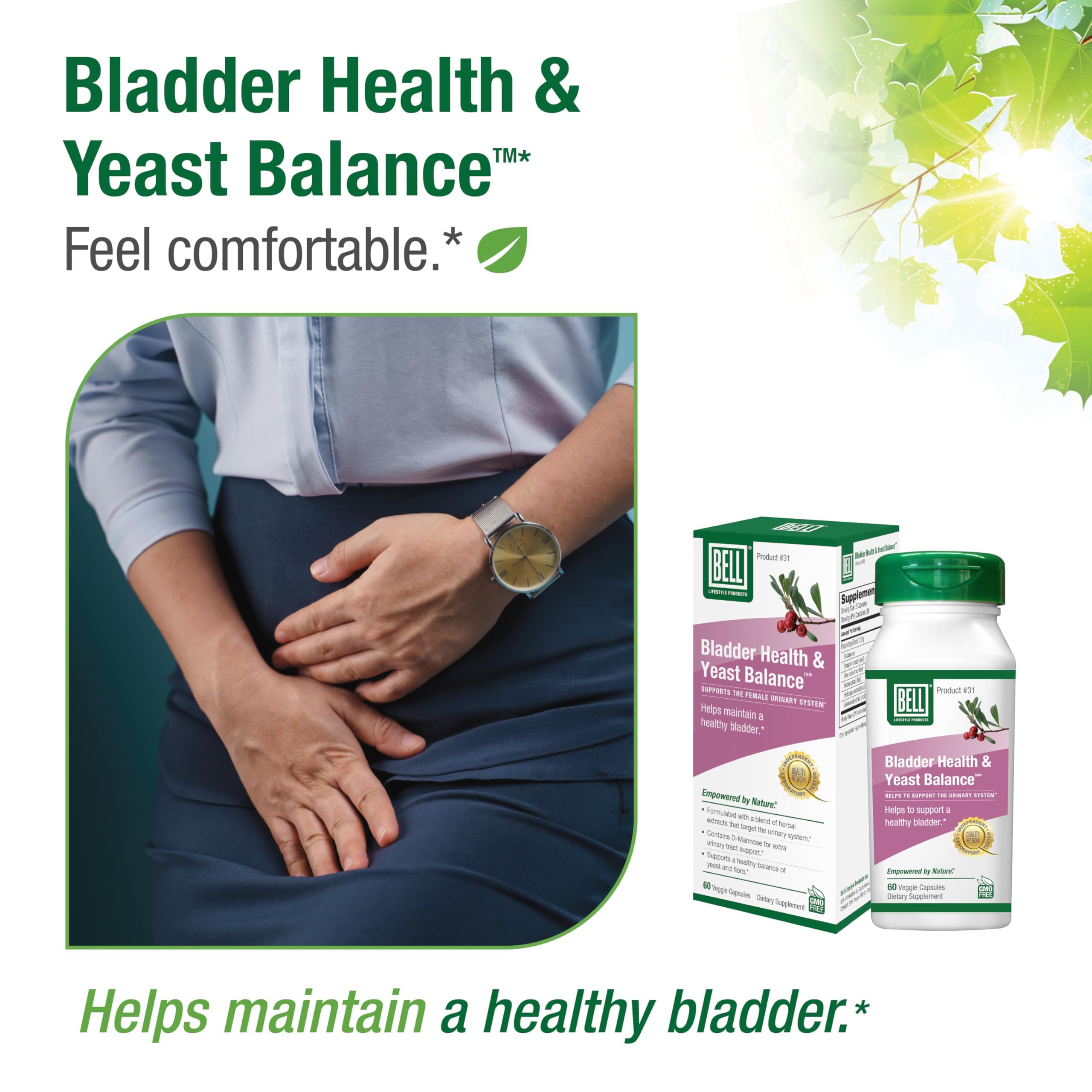 Bell Bladder Health & Yeast Balance lifestyle scene shows a simple daily routine.