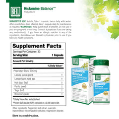 Bell Histamine Balance label highlights key ingredients and allergen free claims.