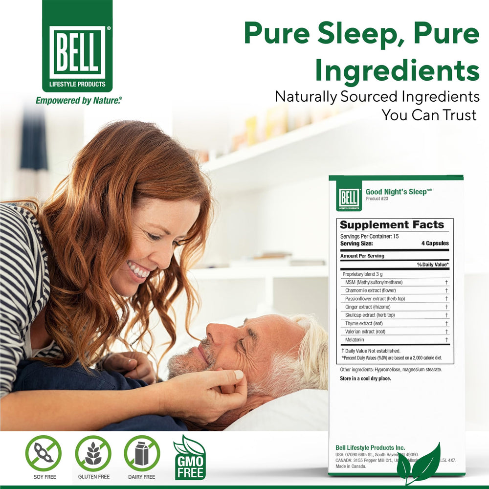 Bell Lifestyle Good Night's Sleep capsules closeup highlighting melatonin and herbal blend for rest