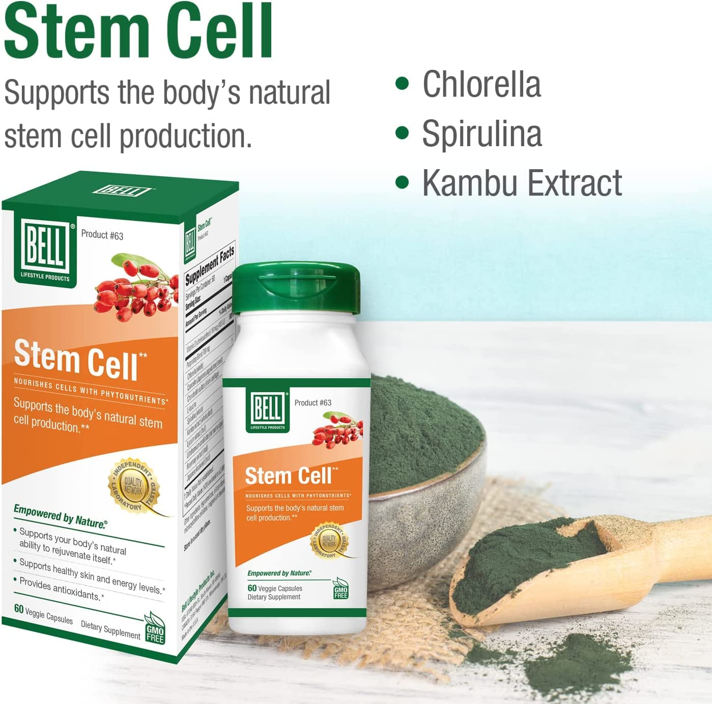 Bell Stem Cell Supplements bottle front view shows compact packaging for daily use.