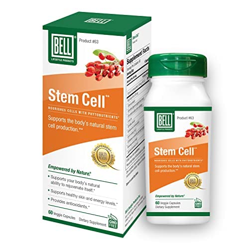 Bell Stem Cell Supplements bottle with glass of water for easy ingestion.