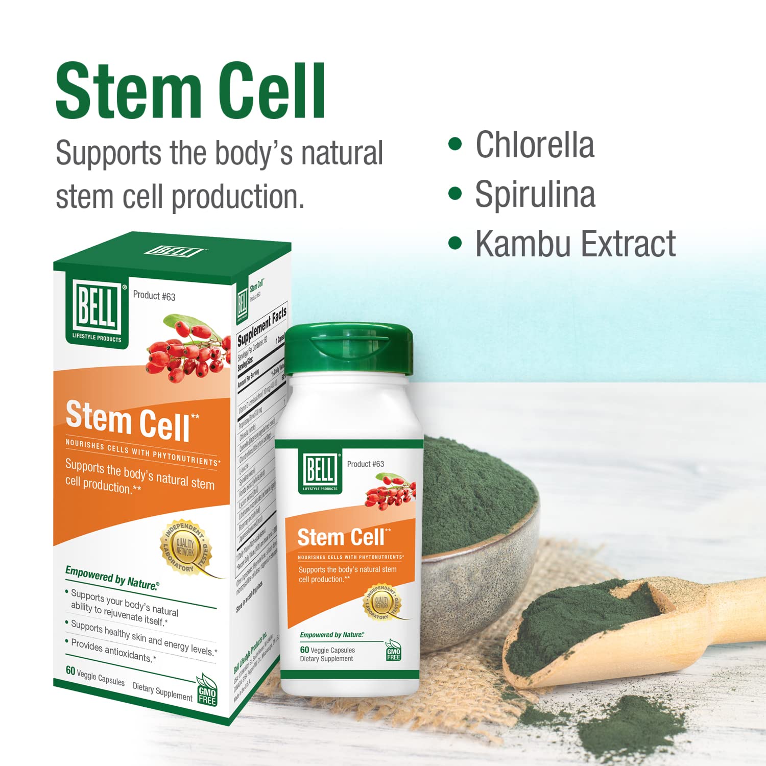 Bell Stem Cell Supplements capsules closeup highlighting green blend ingredients.