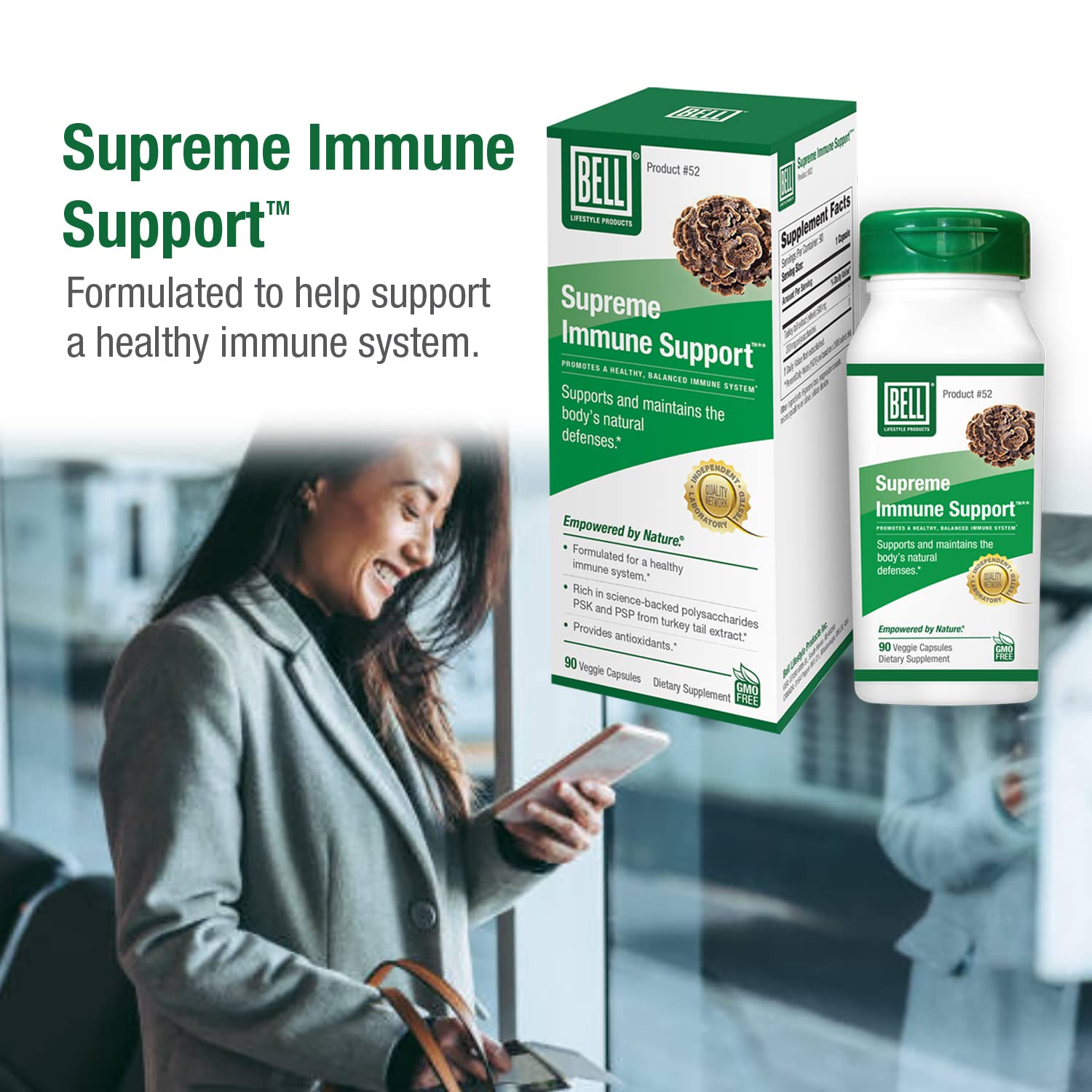 Capsule close-up showing antioxidant-rich Bell Supreme Immune Support capsules.