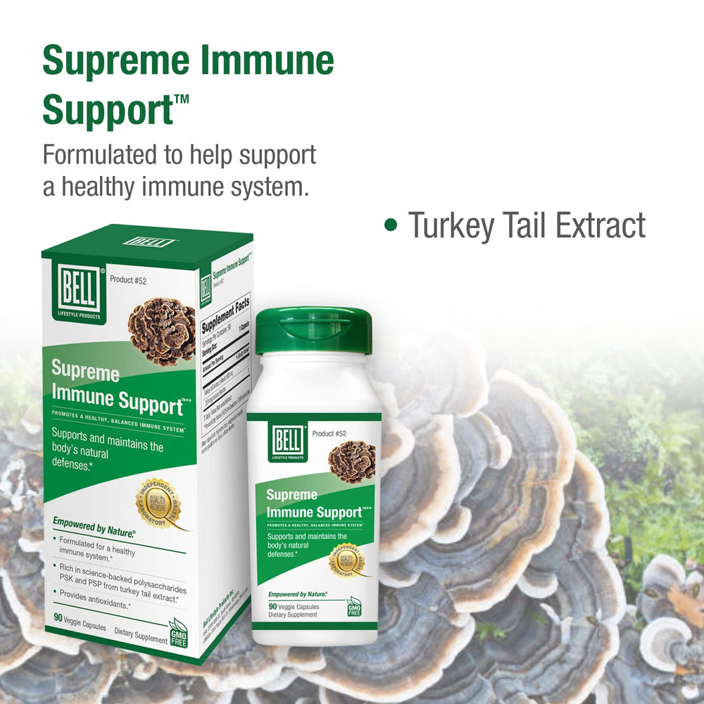 Close-up of Bell label highlighting Turkey Tail extract and immune support features.