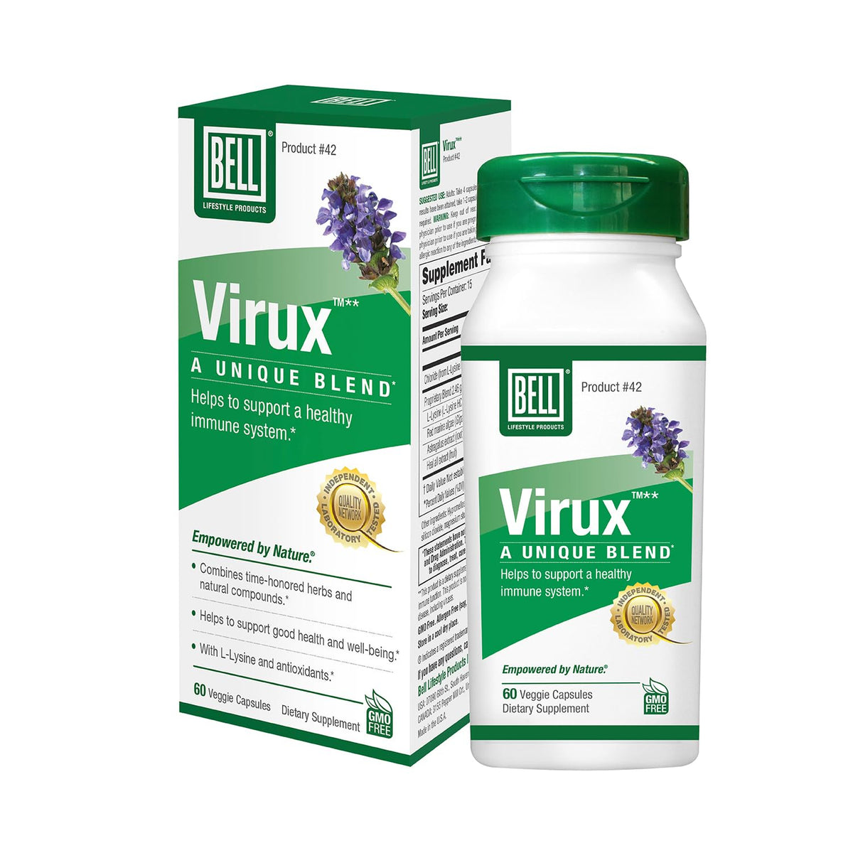 Bell Virux bottle featuring lysine capsules for daily immune support.