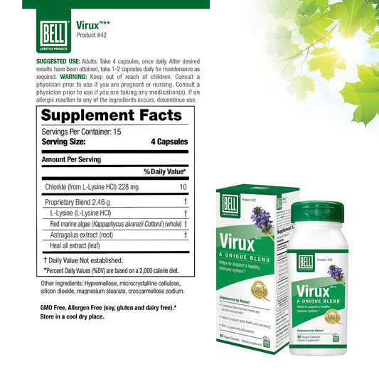 Bell Virux lysine capsules close-up for easy daily use.