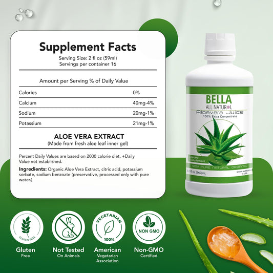 Bella All Natural Aloe Vera Juice pour into glass for refreshing hydration.