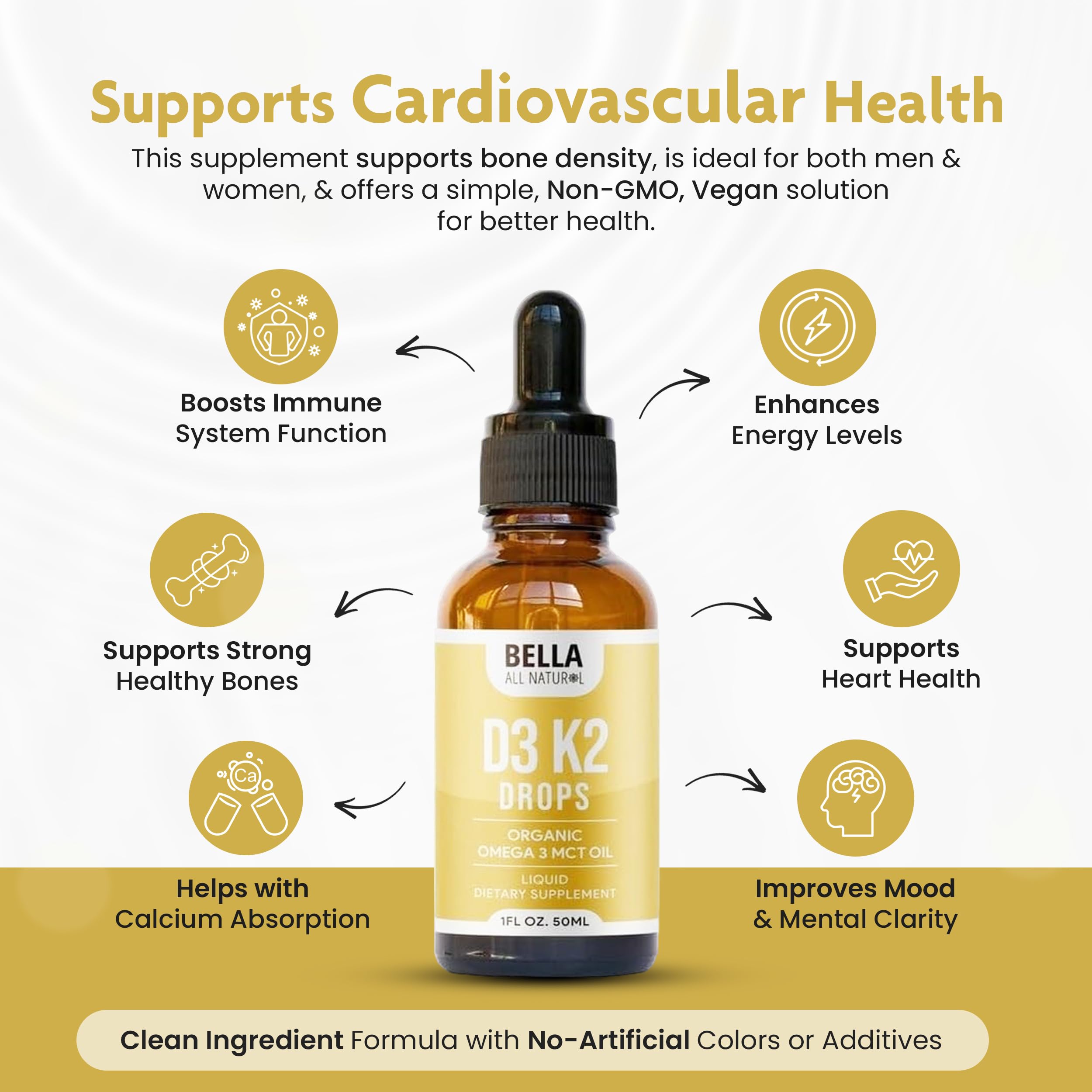 Bella All Natural D3 K2 drops mix easily in water for quick use.