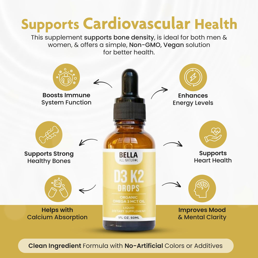Bella All Natural D3 K2 drops mix easily in water for quick use.