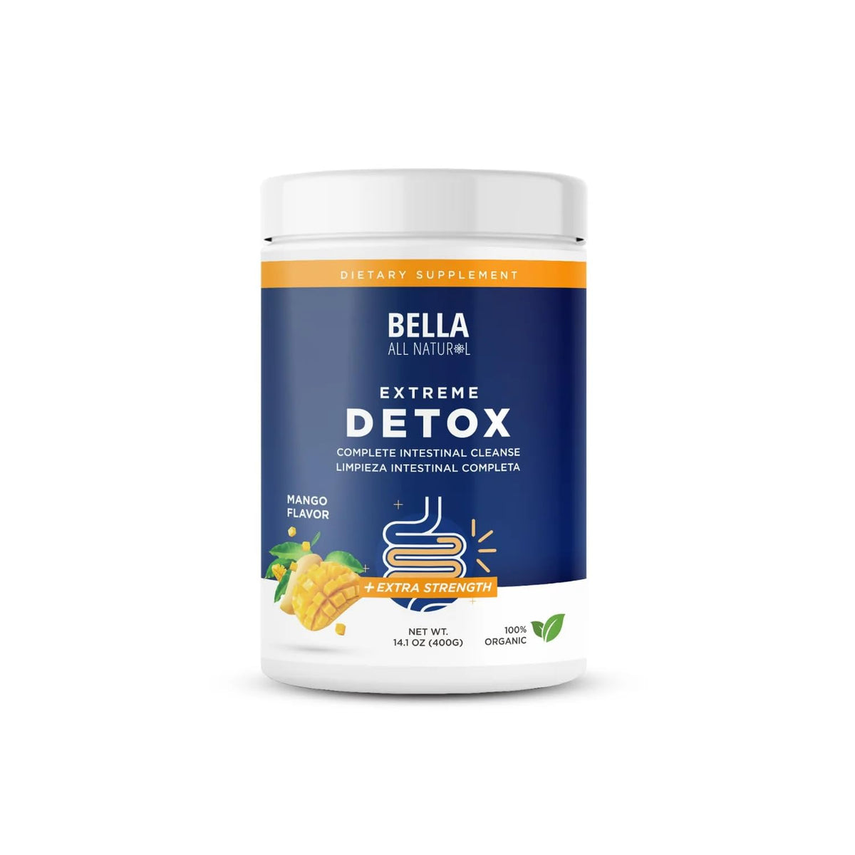 Bella All Natural Detox Powder Mango bottle front showing the digestive-supporting blend