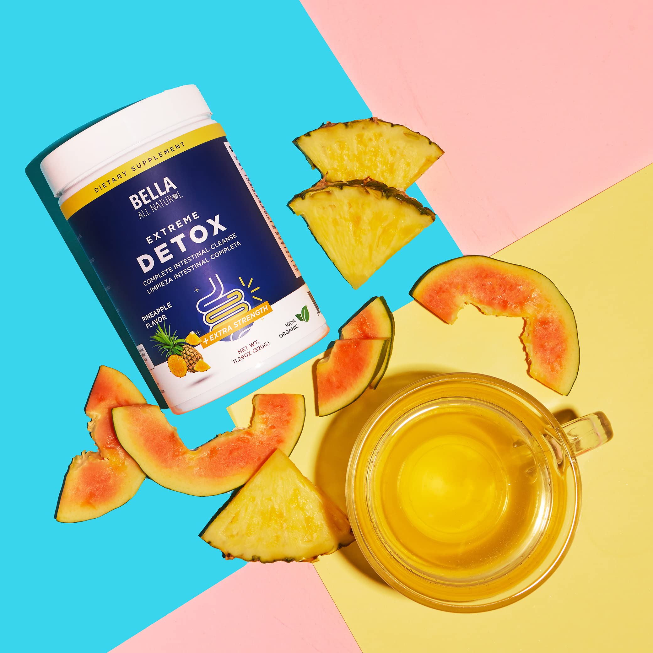 Bella All Natural Extreme Detox Pineapple Powder close-up showing texture and vibrant color