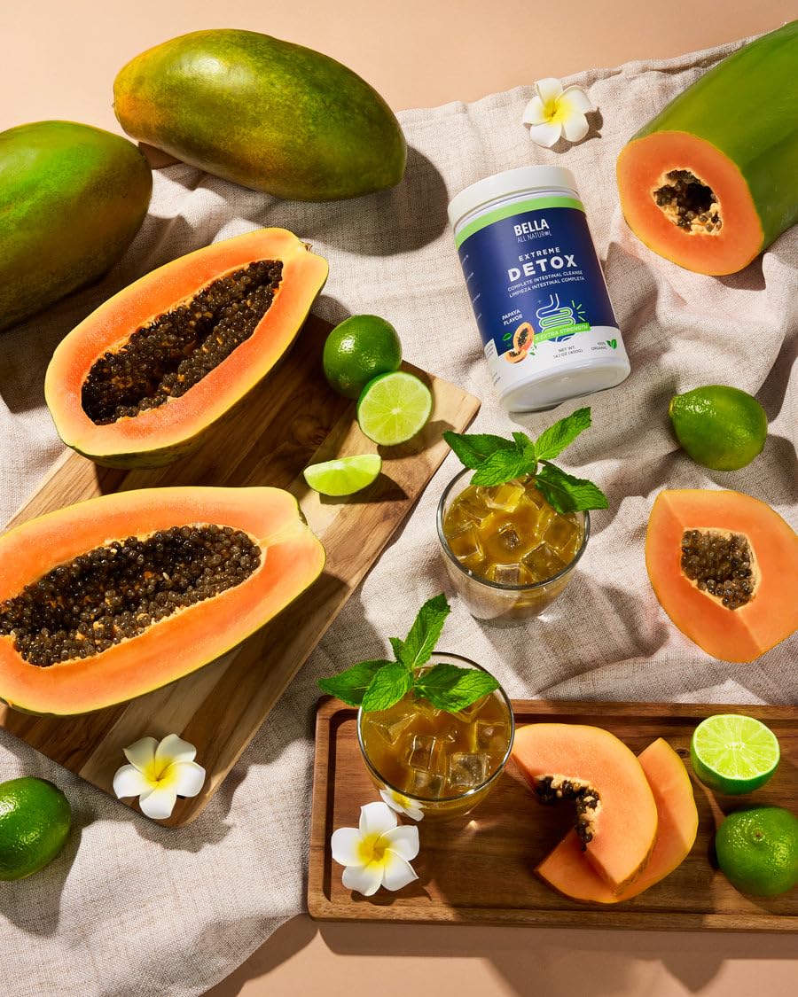 Bella All Natural Extreme Detox Papaya powder whisked into water for papaya-flavored drink.