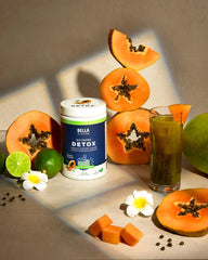 Bella All Natural Extreme Detox Papaya carton packaging highlights natural, sugar-free formula.