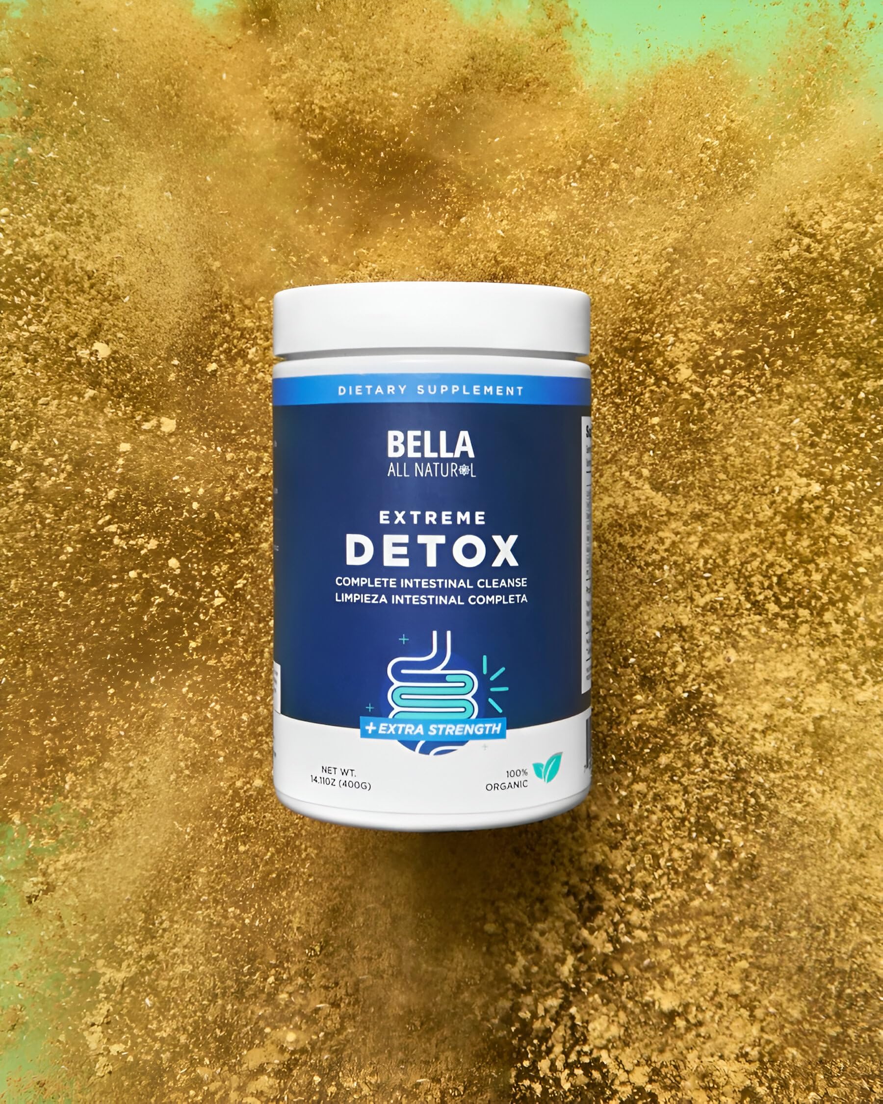 Close-up of Bella All Natural Extreme Detox Powder label on the jar.