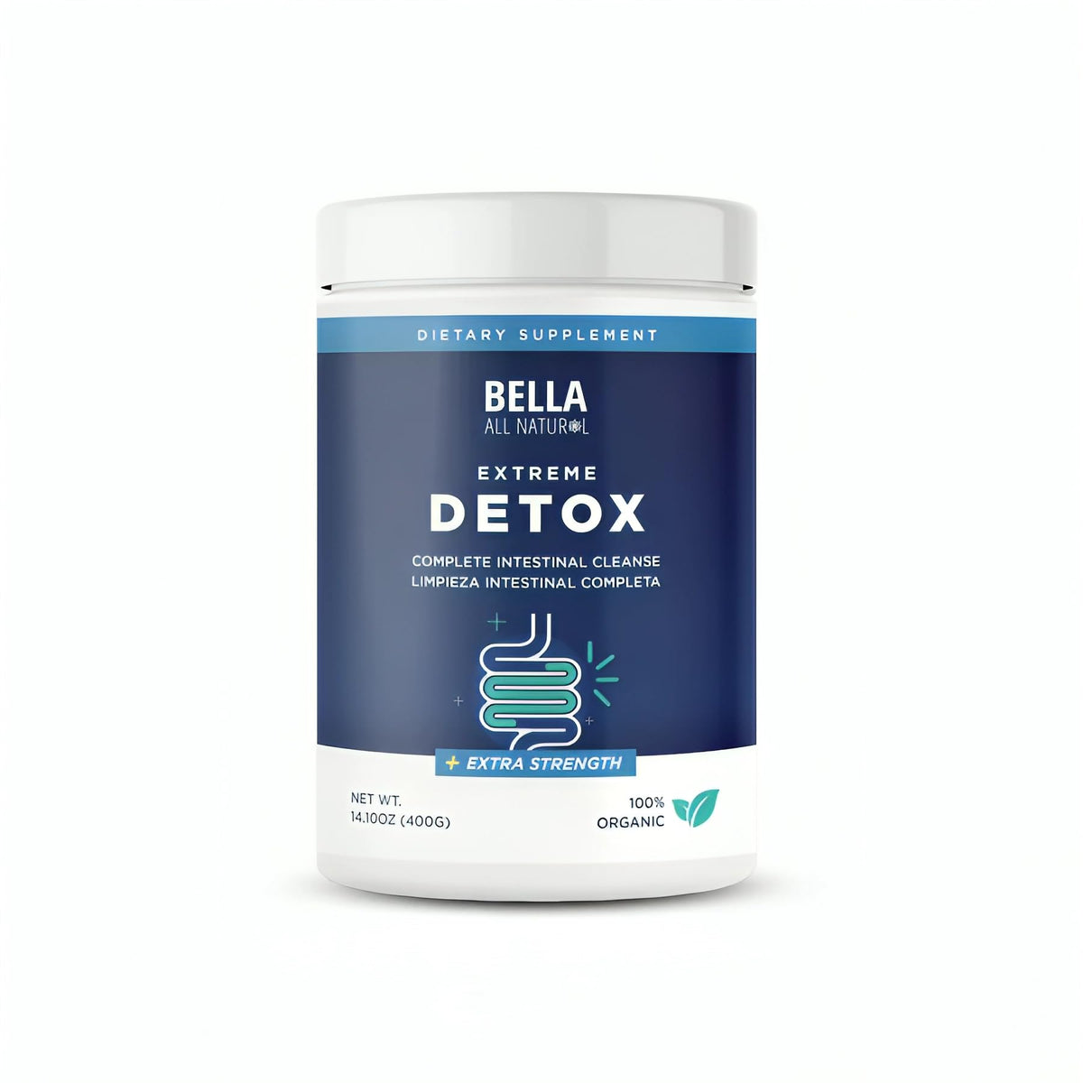 Bella All Natural Extreme Detox Powder unflavored packaging with clear label.