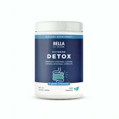 Bella All Natural Extreme Detox Powder unflavored packaging with clear label.