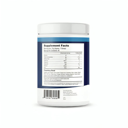 Scoop of Bella All Natural Extreme Detox Powder being poured into a glass.