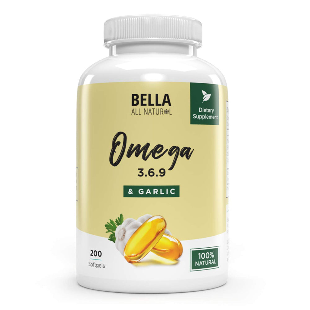 Bella All Natural Omega-3-6-9 garlic oil bottle for daily planning.