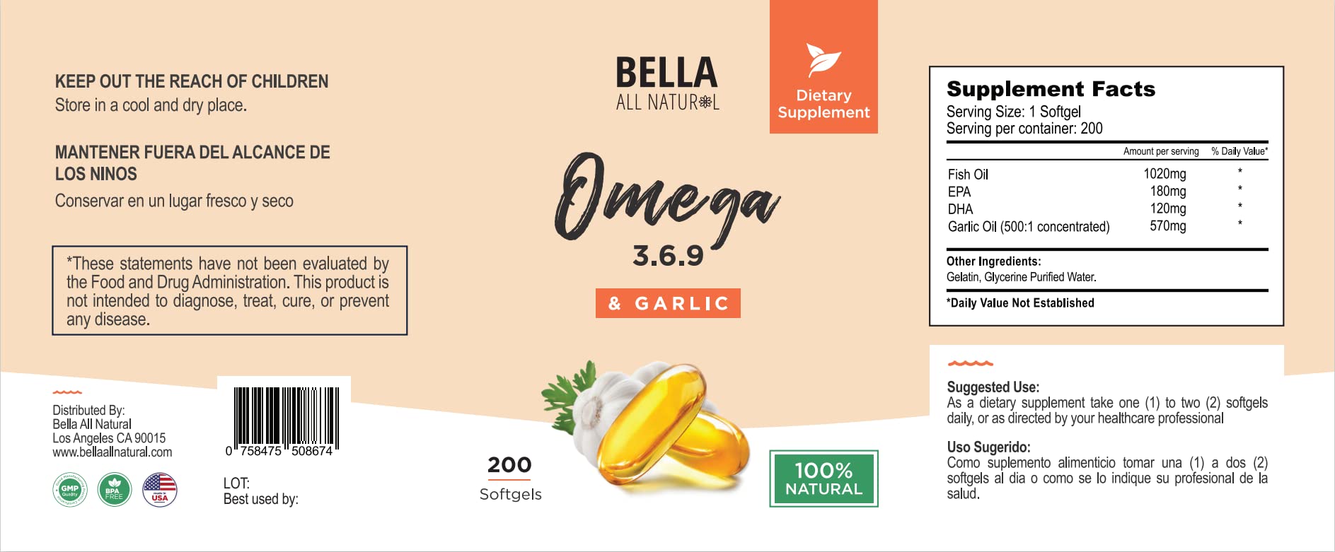 Nutrition label of Bella All Natural Omega-3-6-9 garlic oil for tracking intake.