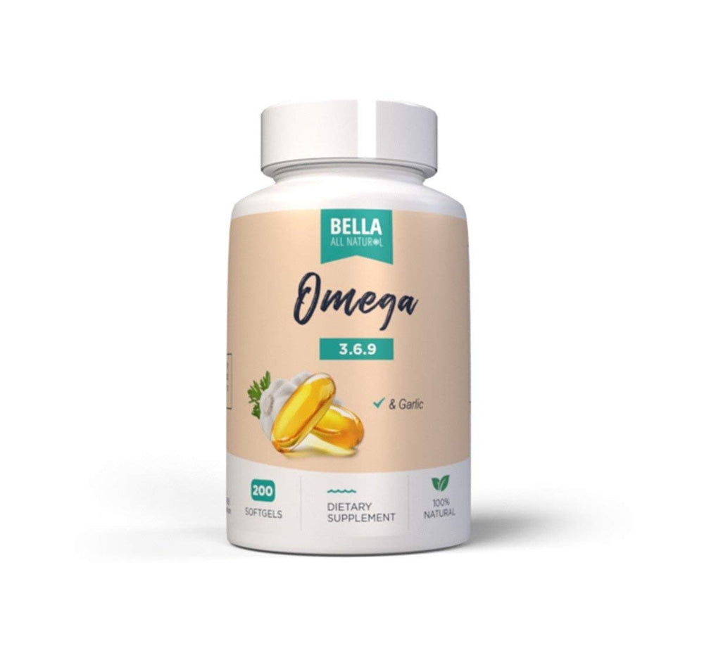 Packaging shot of Bella All Natural Omega-3-6-9 garlic oil bottle on a clean surface.