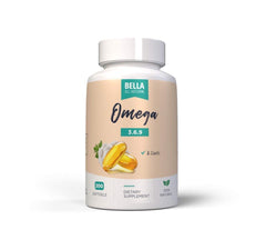 Packaging shot of Bella All Natural Omega-3-6-9 garlic oil bottle on a clean surface.
