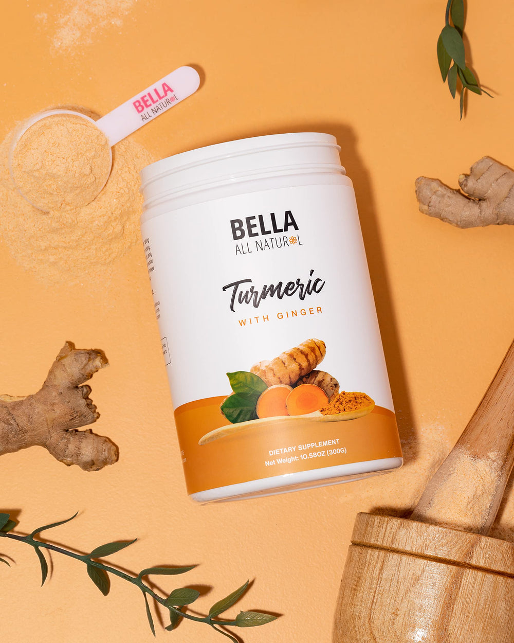 Bella All Natural dry turmeric and ginger ingredients close view