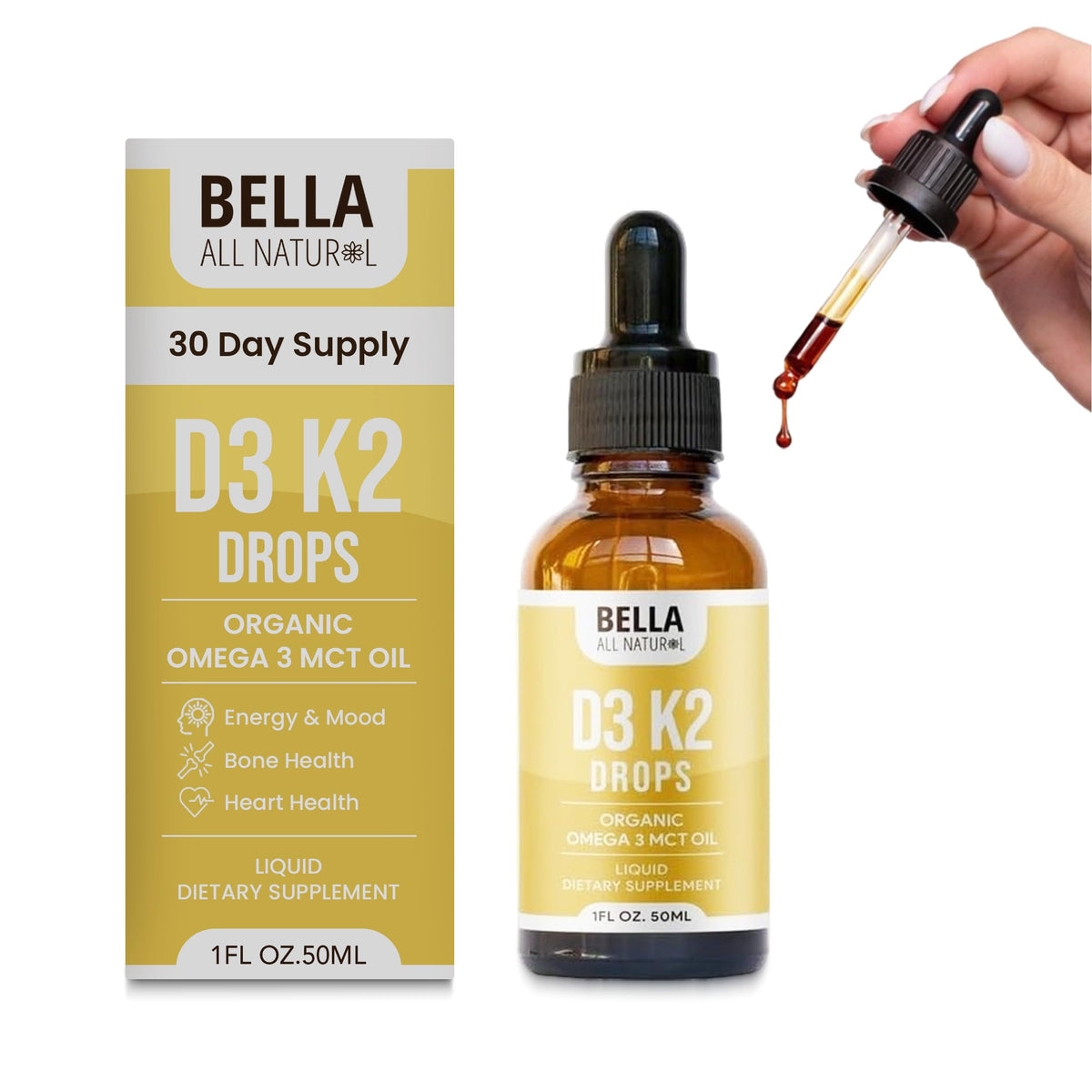 Bella All Natural D3 K2 liquid drops bottle for easy daily use.