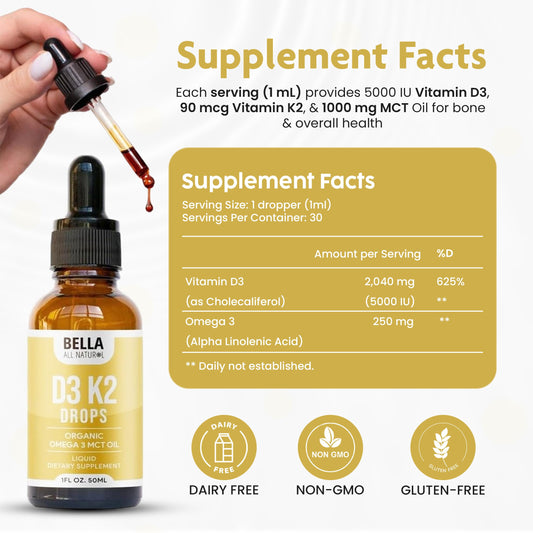 Bella All Natural D3 K2 liquid drops dropper enables precise dosing on the go.