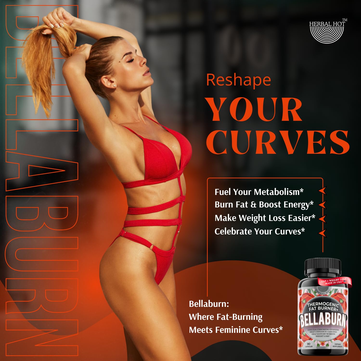 Bellaburn gold-foil label, premium look for active lifestyles.