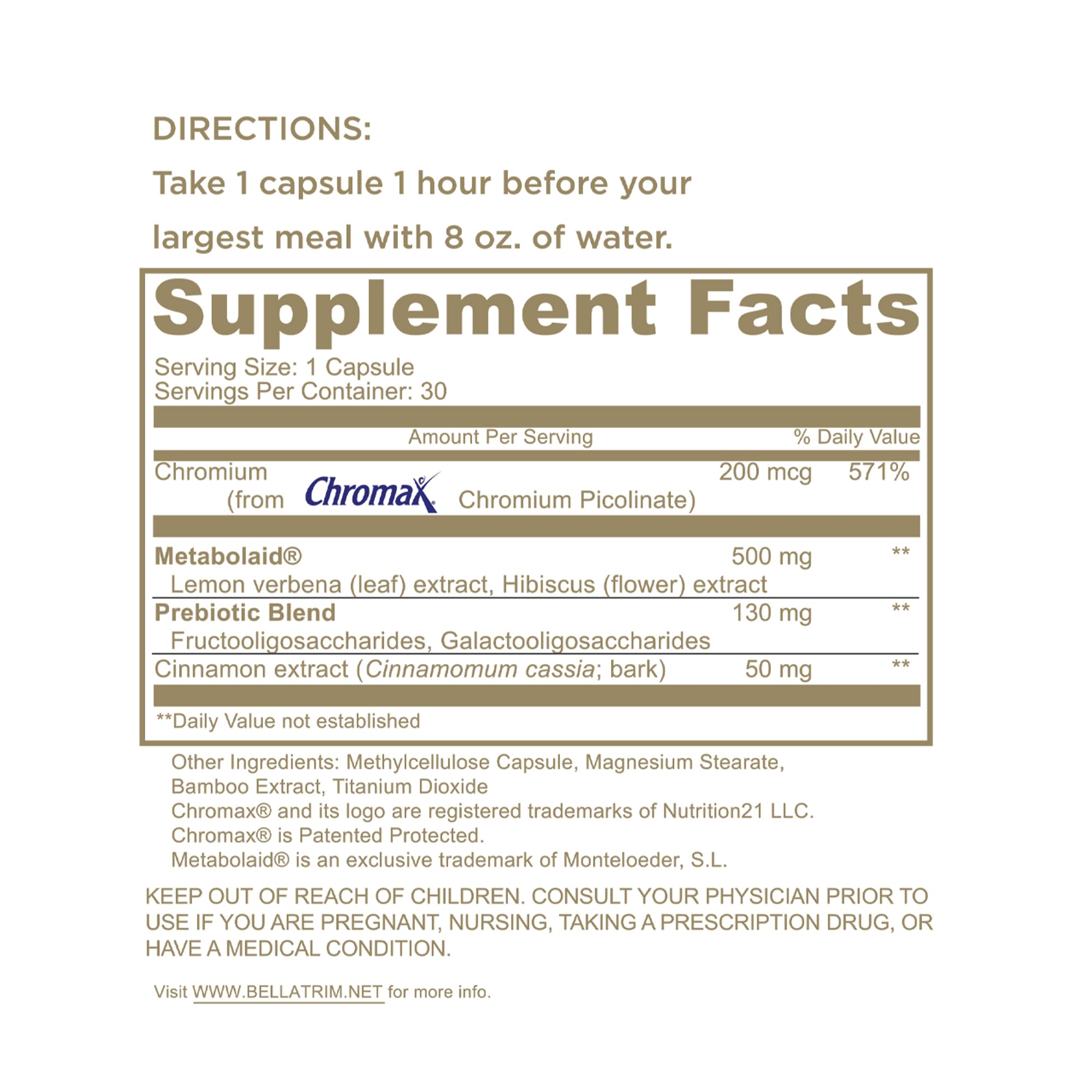 Daily-use reminder shows one BellaTrim capsule before the largest meal.