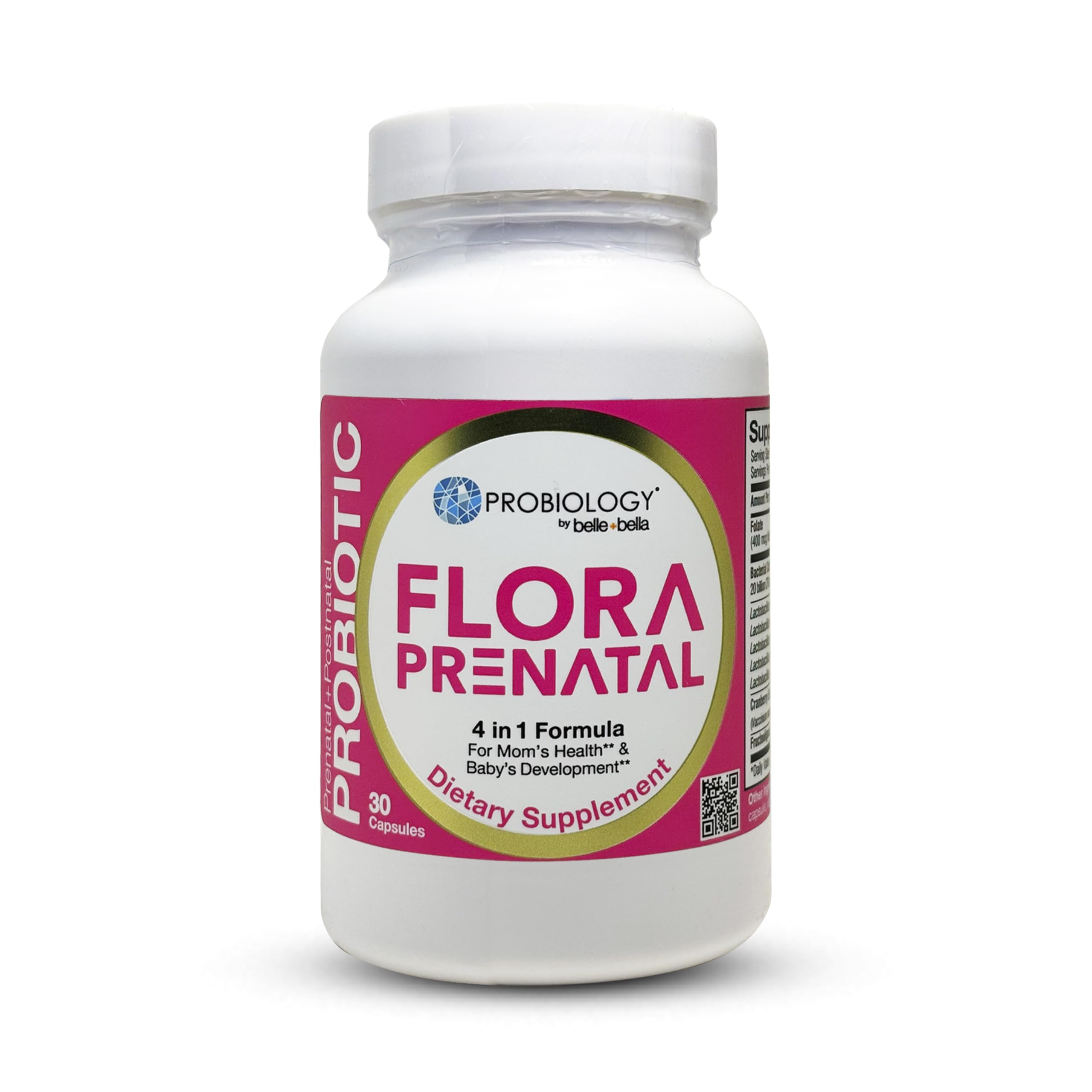 Belle Bella Probiology Flora bottle shown, prenatal support and UT health.