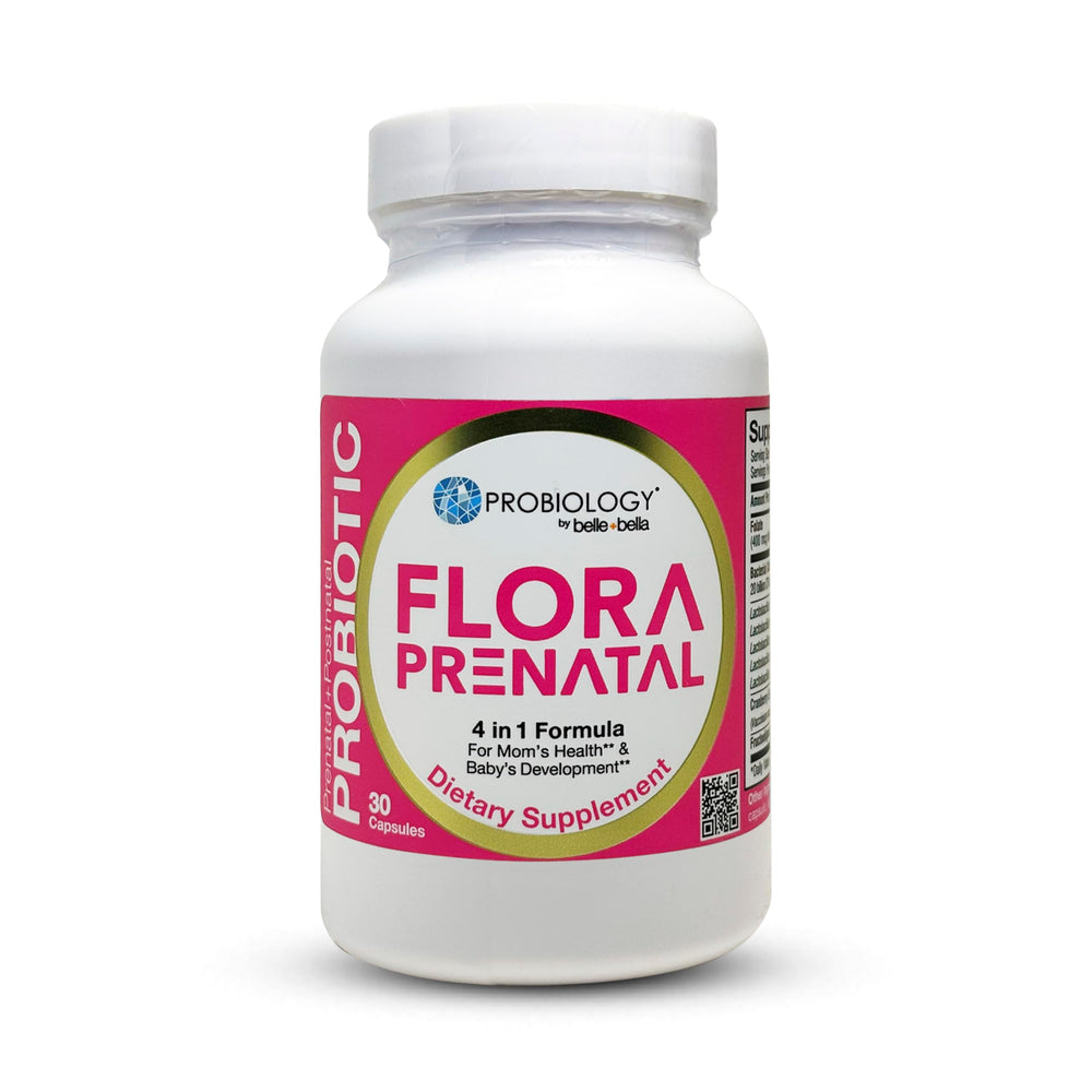 Belle Bella Probiology Flora bottle shown, prenatal support and UT health.