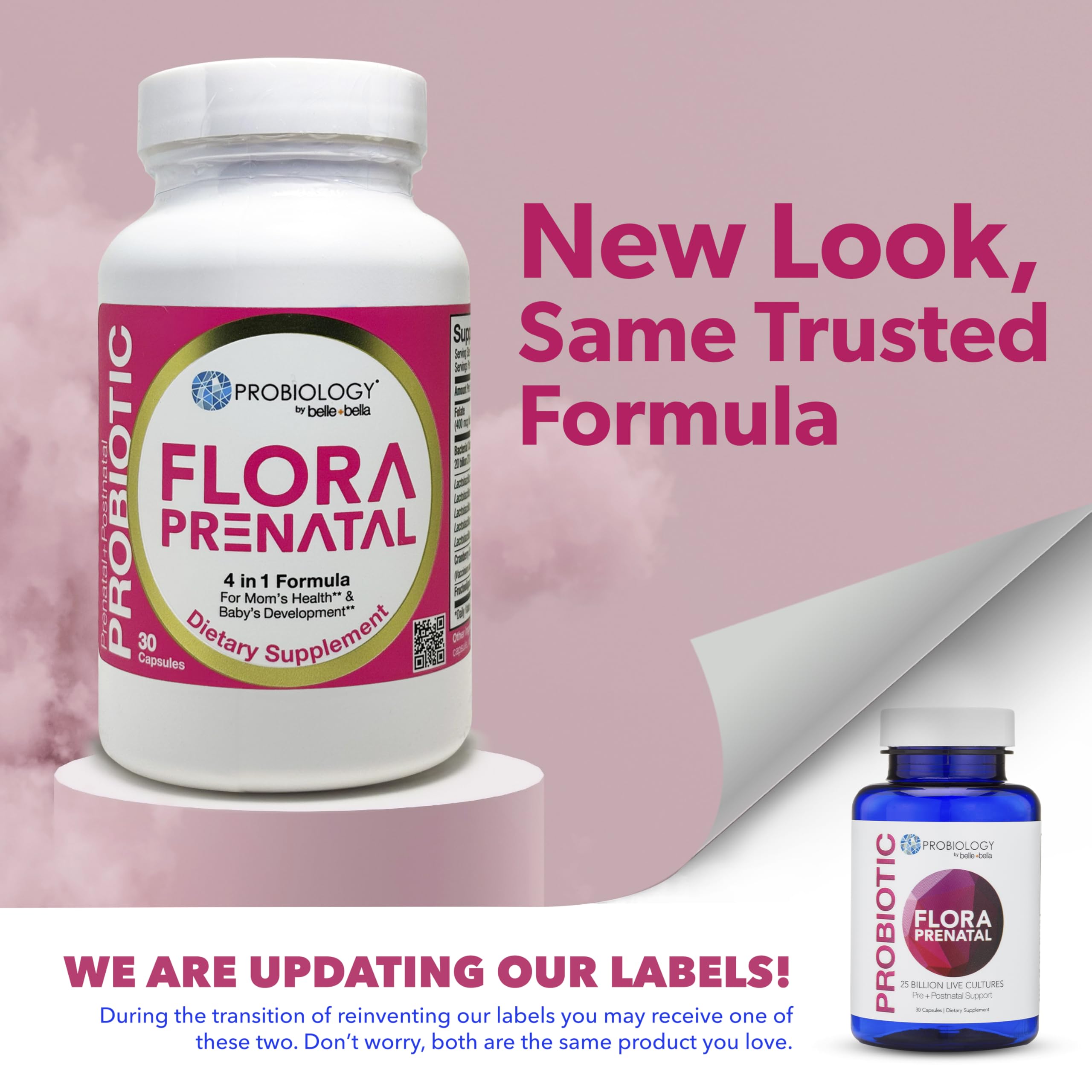 Belle Bella Probiology Flora capsules ready for daily prenatal use.