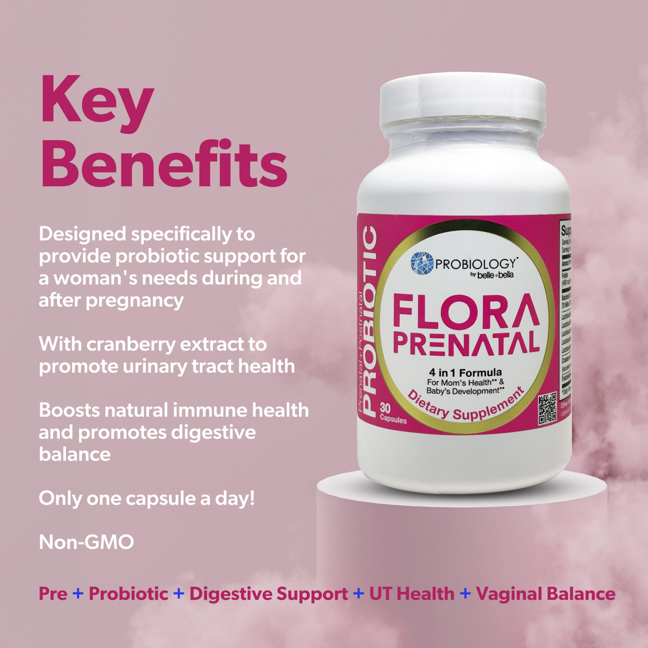 Belle Bella Probiology Flora cranberry extract capsule close-up for urinary health.