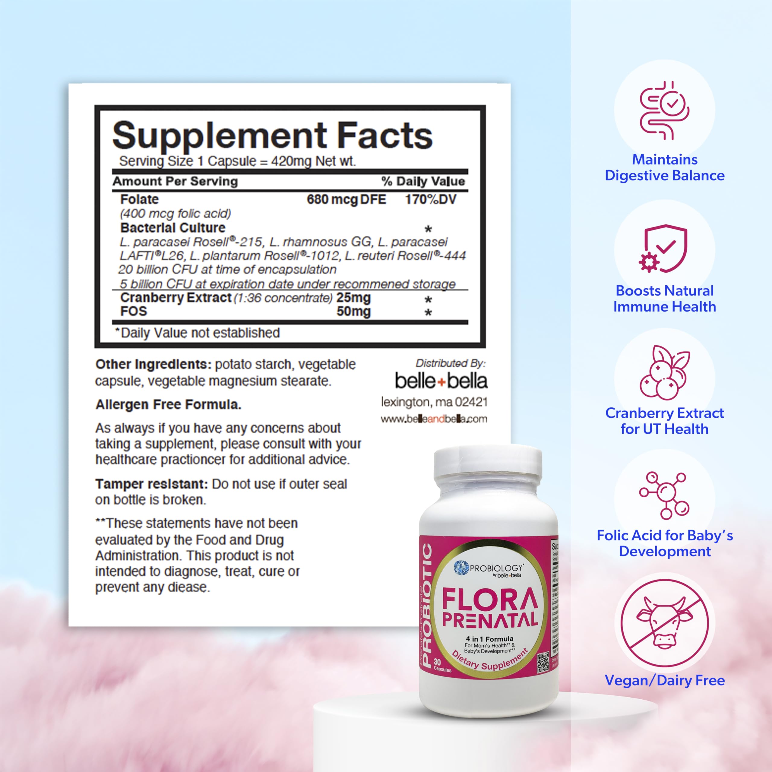 Belle Bella Probiology Flora ingredients list highlights five probiotic strains.