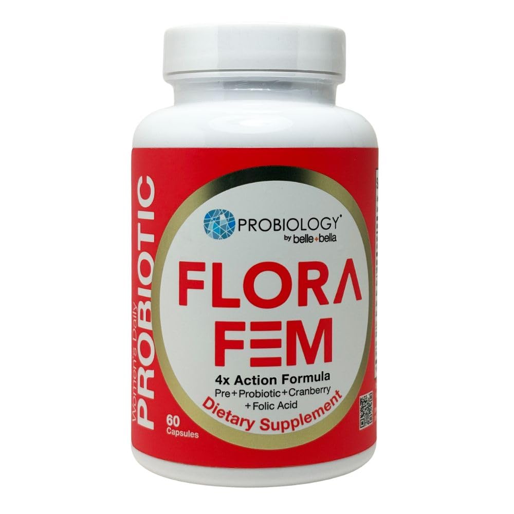 Belle+Bella Probiology Flora Fem bottle front showing daily probiotic support for feminine health