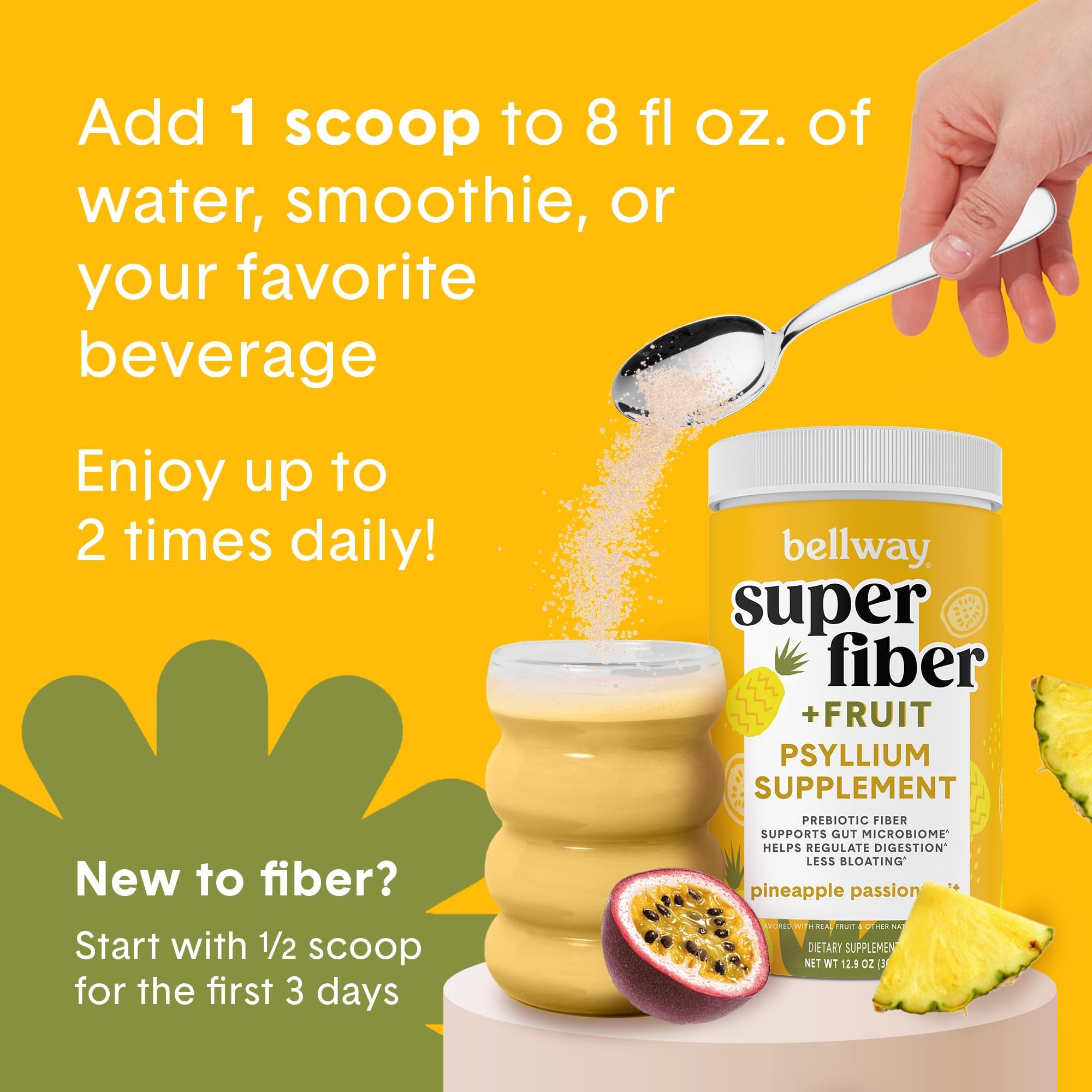 Bellway daily fiber routine scene with a glass and bottle.