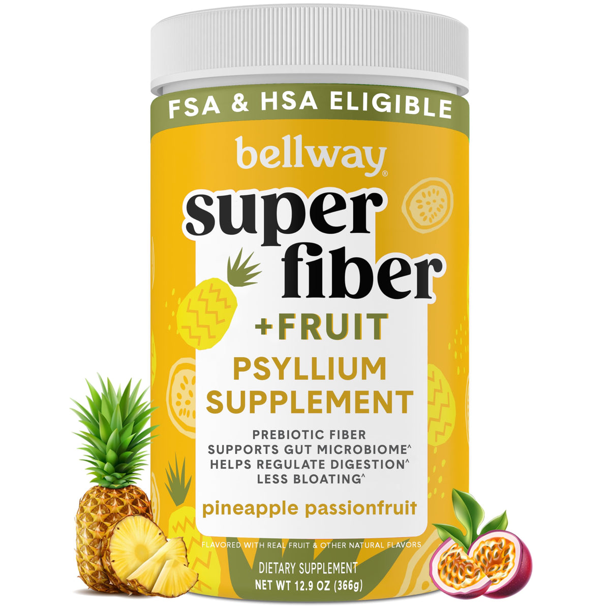 Bellway Super Fiber Pineapple Passion Fruit powder in tub for daily digestive support.