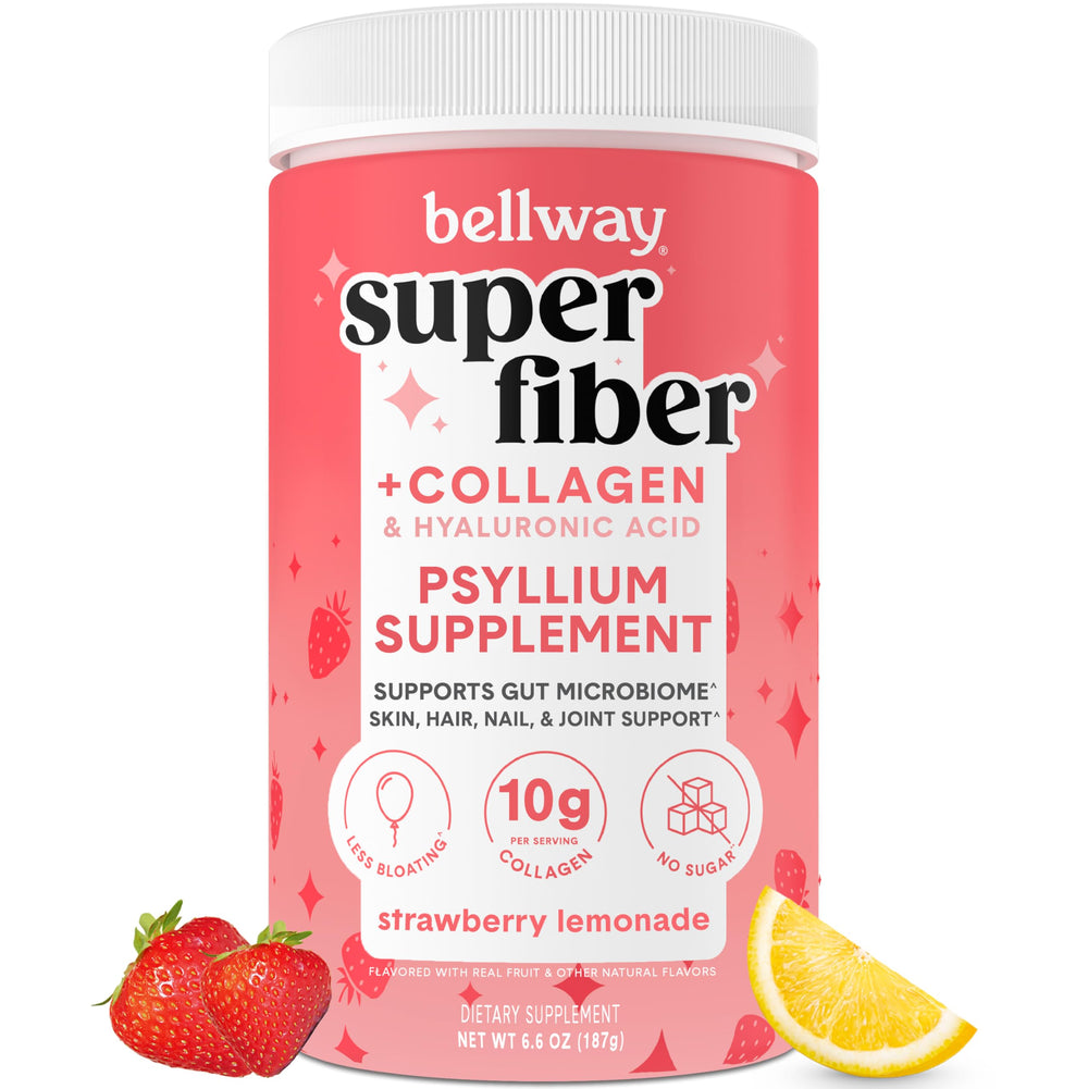 Bellway Super Fiber Powder bottle pouring, showcasing convenient daily digestive support.